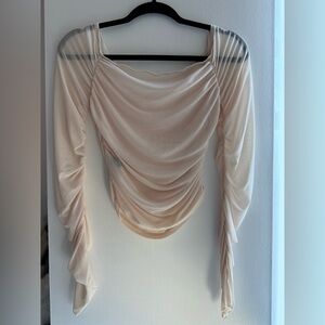 Cream Ruched Sheer Off-The-Shoulder Top